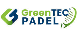 GreenTEC Padel Logo mit stilisiertem Padelschläger in Grün und Blau.