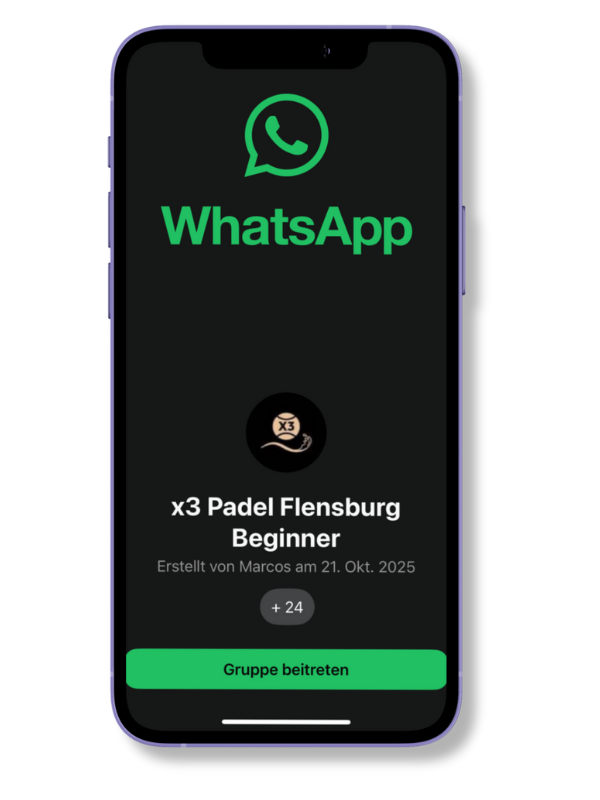 Screenshot der WhatsApp-Gruppe „x3 Padel Flensburg Beginner“ für Einsteiger und neue Mitglieder.
