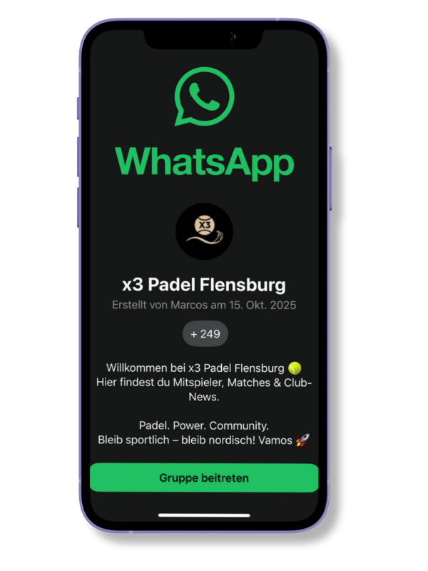 Screenshot der WhatsApp-Gruppe „x3 Padel Flensburg“ mit über 200 Mitgliedern – offizielle Community des Padel Clubs.